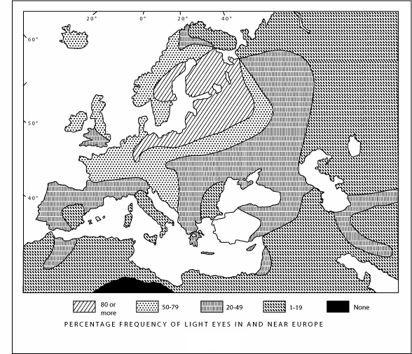 Percentage frequency of light eyes in and near Europe